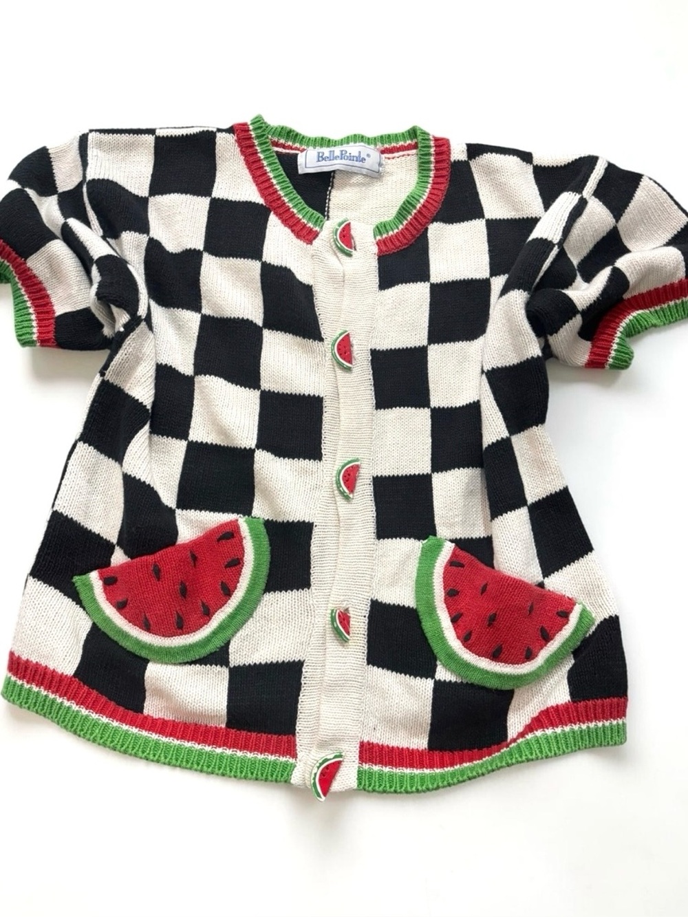 Vintage 90s Watermelon Checkerboard Chunky Novelty Knit Cardigan Belle Pointe M